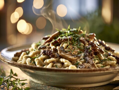 German spaetzle with mushrooms in a restaurant bowl