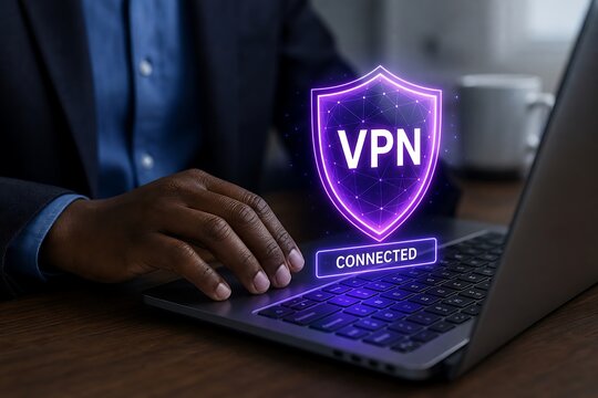Businessman using laptop with glowing virtual vpn shield for secure internet access
