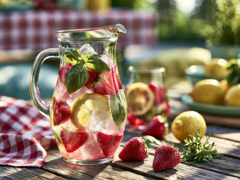 Strawberry lemon infused water in glass pitcher outdoors