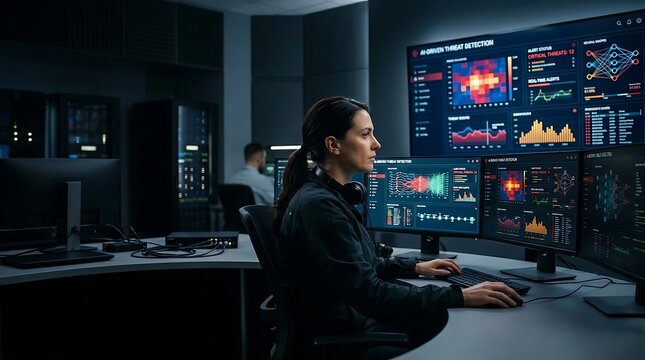 Female data analyst monitoring network security in a control room