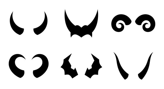 Diverse Horn Silhouettes Collection, Devil and Animal Horn Icons, Fantasy and Mythical Creature Elements