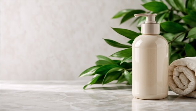 Cosmetic pump bottle on marble surface with green leaves. Skincare product mockup with rolled towel in spa setting. Copy space for text