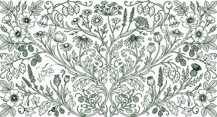 Fototapeta premium Vintage floral pattern illustration. Botanical ornament with intricate leaves and flowers.