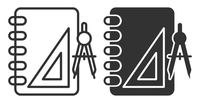 notebook with triangle ruler and compass icon set, education and drafting tools on transparent background