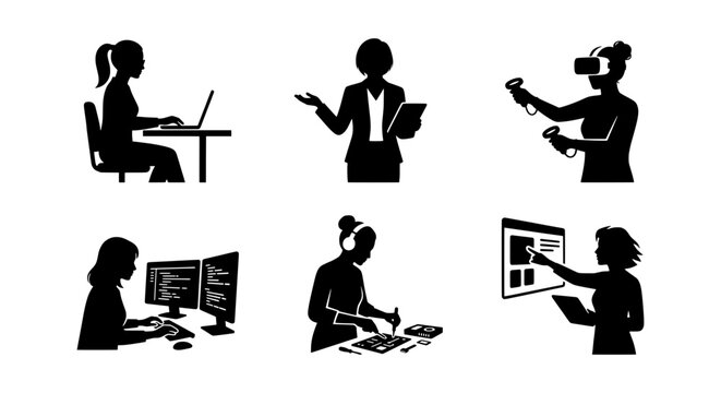 Modern Business Silhouettes: Diverse Professionals Working, Coding, VR, Presentation, Design