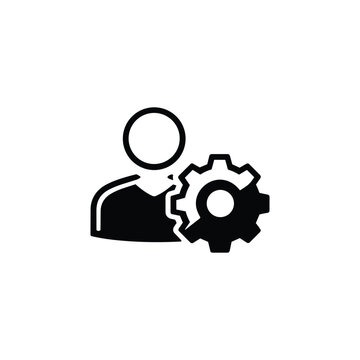 Professional figure beside a large gear representing practical skills, employee expertise, technical competence and career development