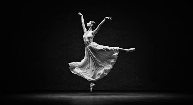 Ballet Dancer in Motion: A solitary ballet dancer, draped in a flowing white costume, gracefully pirouettes on pointe in a dramatic, dark setting, her form a study in elegant poise and artistry.