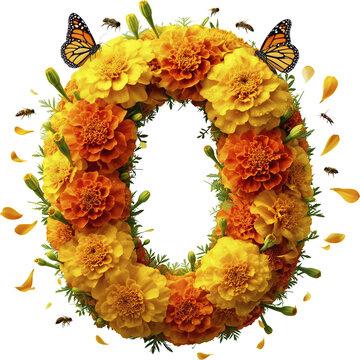 letra O, cempasuchil, catrinas, sombrero, garbanzera, flor, naranja, petalos, mariposas, corazon, craneo, calavera, catrin, velas, accesorios, ornamentos, elegante, decoraciones, objeto, celebraciones