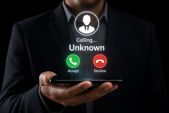 Businessman receiving an unknown incoming call on his smartphone in dark background