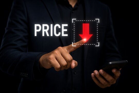 Businessman touching a virtual price reduction arrow icon on a digital screen display