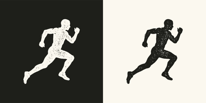 Man running sprinter silhouette linocut style black and white block print illustration