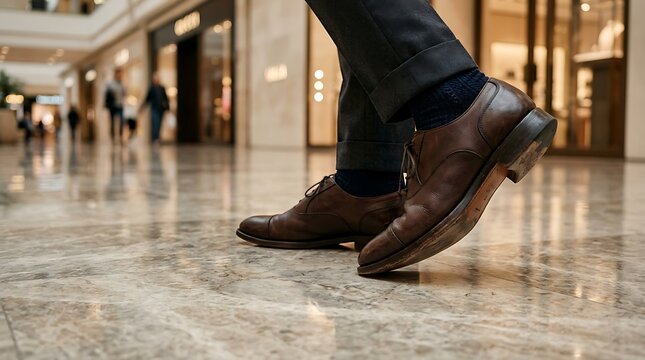 Low angle view of man in leather shoes walking in luxury mall