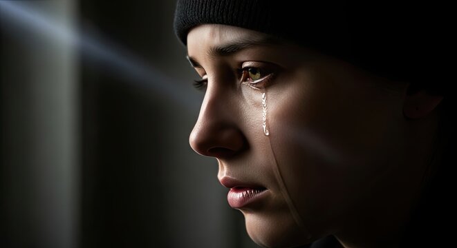 Sadness personified: A poignant close-up of a young person's face, tears streaming down their cheek, conveying a deep sense of sorrow and despair. A ray of light pierces the darkness.