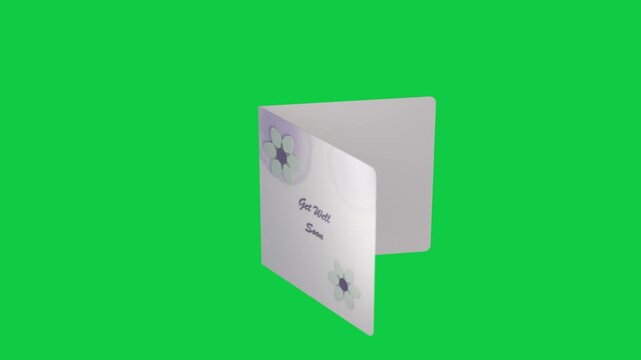 On play folded greeting card opening and tilting to 90&deg; revealing interior on transparent backdrop