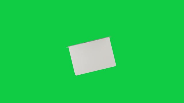 Folded card rotating from angled start, opening flap, revealing blank interior on transparent BG