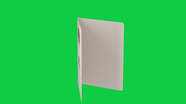 Frames starting showing card rotating and opening on transparent background, revealing inner panels