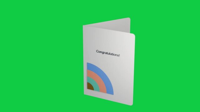 On play, folded card rotating open on transparent backdrop, revealing interior to showcase design