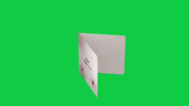 Folded Moms Day card rotating clockwise, opening after rotation, revealing blank page on clear bg