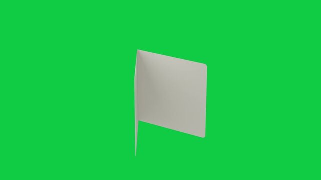 Folded card after subtle spin, front cover opening to reveal blank panels on transparent backdrop