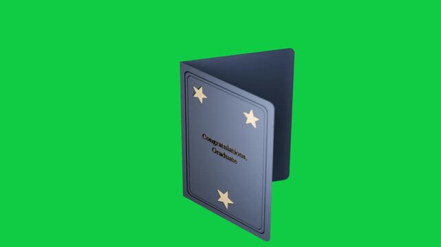Blue card rotating open on transparent bg after tap, revealing interior panels showing congrats