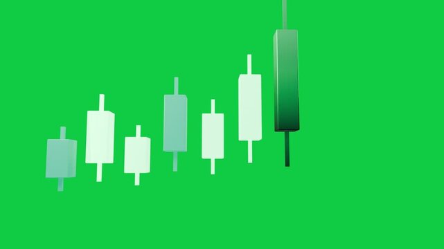 Pale fragments elongating into candles, forming rising glossy 3D chart showing gain on transparent