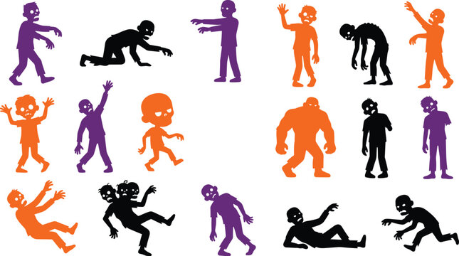 Zombie silhouette character collection spooky halloween walking crawling and multi headed undead monsters purple orange and black creepy figures set vector
