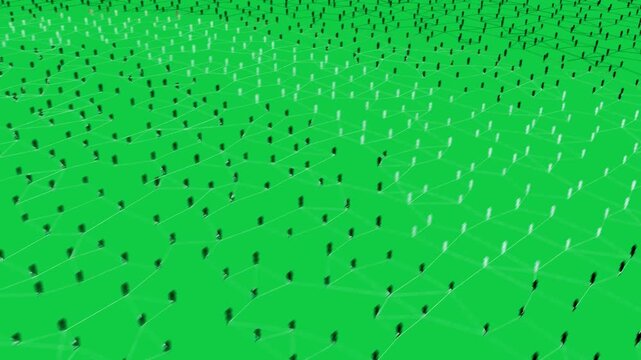 Gold token arising net growing view receding-tilting lattice forming on transparent bg showing ties