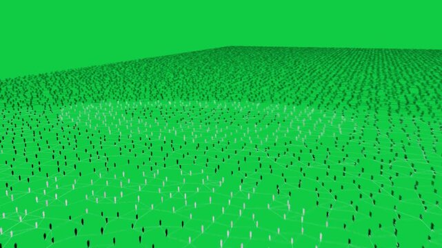 Cyan node arising glowing mesh filling nodes showing growth camera pulling back tilting transparent