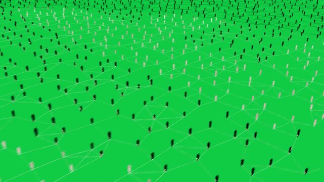 From dark frame, ribbon mesh growing, figures on nodes, camera pulling, showing transparent network