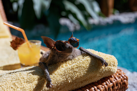 A bat or a dog  wearing sunglasses by the pool. Concept: end of summer, close of summer season, change of season, beginning of fall, early fall.