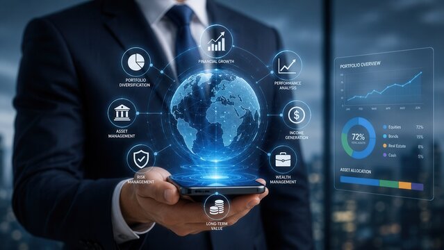 Digital wealth management platform with global investment analytics portfolio strategy and growth insights