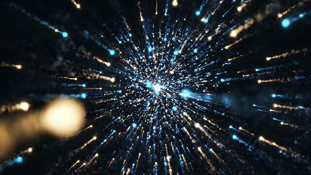Abstract digital explosion of blue and yellow particles against a dark background.