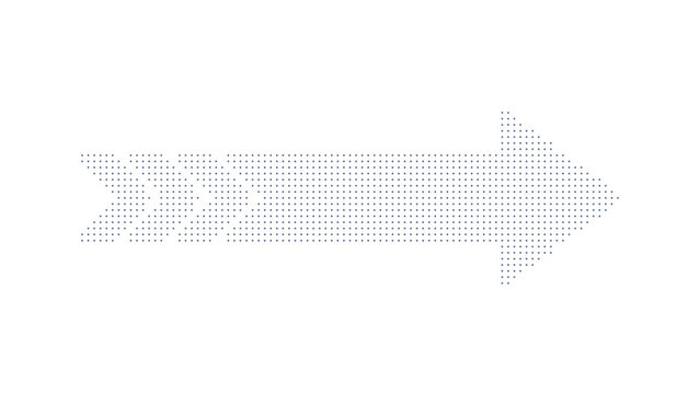 Abstract arrow shape consisting of blue circular dots arranged in a pixelated grid style design.