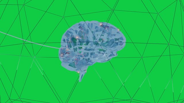 Blue brain rotating as arc sweeping causing node pulse, showing activity on transparent background