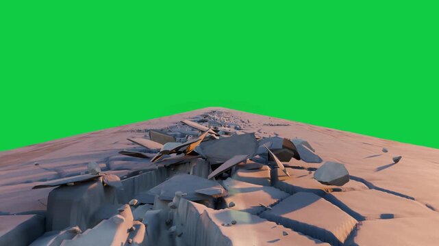 Crack opening sending craft rising while camera pulling closer showing crash background transparent