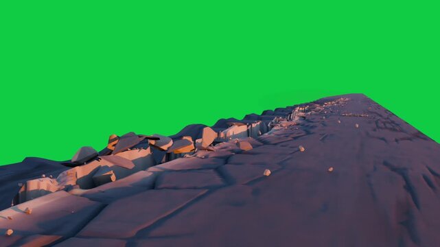 Low-poly slab forming fissure, cracking, shifting fragments, revealing warm pit, transparent BG