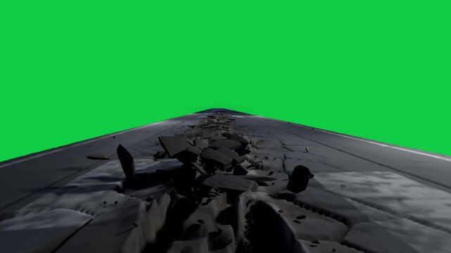 After impact metal wing cracking and shedding plates, forming centerline rubble on transparent void
