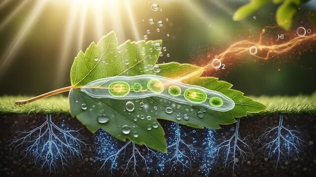 Photosynthesis, solar energy transformation into glucose molecule, oxygen production from chloroplast structure, carbon dioxide assimilation, water uptake by plant root system.