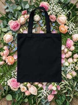 Black textile tote bag on wooden surface surrounded by fresh roses and greenery. Eco friendly shopping carrier mockup with floral background. Natural spring aesthetic for retail display.