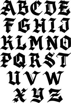 Gothic Calligraffiti alphabet in black over white