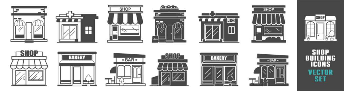 Set of black and white shop and bakery building icons with retail storefront facades.