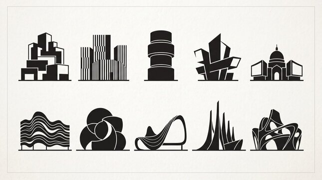 Ten stylized black-and-white architectural illustrations of modern and futuristic buildings with curves, twists, domes, and angular geometric designs&hellip;