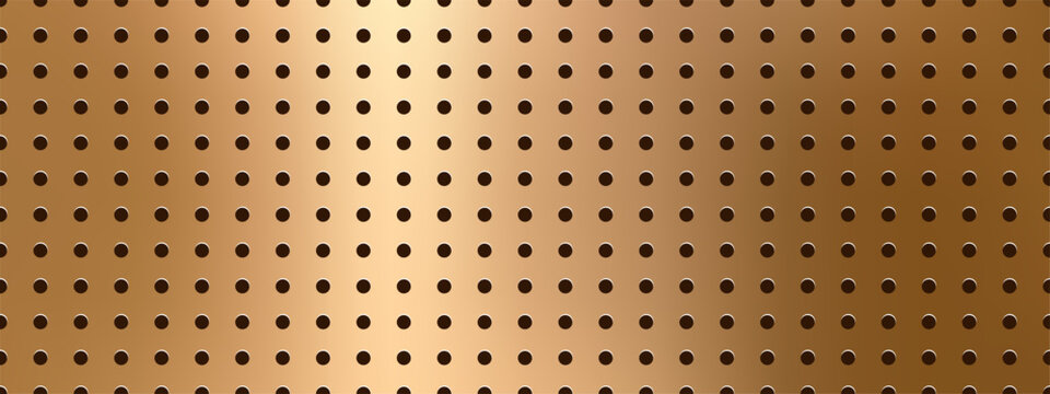 Realistic steel metal texture with gold perforated plate mesh hole pattern and background. Seamless iron sheet featuring circle grate dot grid wall and micro surface texture.