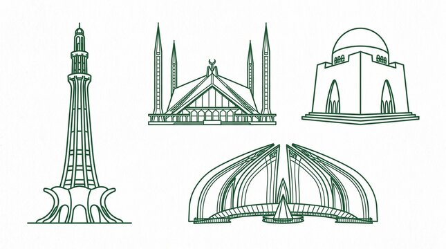 Pakistani landmarks with Minar‑e‑Pakistan, Faisal Mosque, Quaid Mausoleum, and Pakistan Monument motifs, minimalist composition highlighting heritage, unity, and identity.