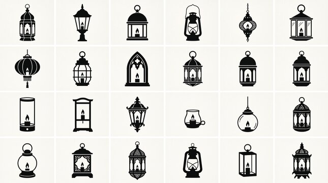 Grid of twenty-four distinct lantern icons in varied styles, arranged in rows, showcasing traditional and geometric decorative designs&hellip;