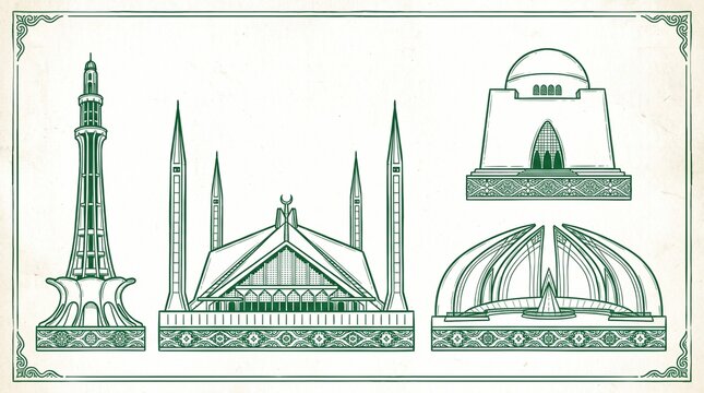 Pakistani landmarks with Minar‑e‑Pakistan, Faisal Mosque, Quaid Mausoleum, and Pakistan Monument motifs, minimalist composition highlighting heritage, unity, and identity.