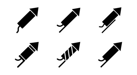 Six Black Firework Rocket Icons, Celebration Pyrotechnic Symbols, Festive Explosive Vector Graphics © Kabir