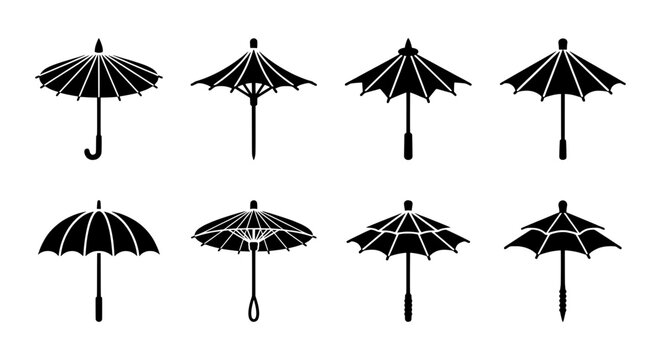 Elegant Parasol Icons, Black Umbrella Silhouettes, Vintage Sunshade Vector Set