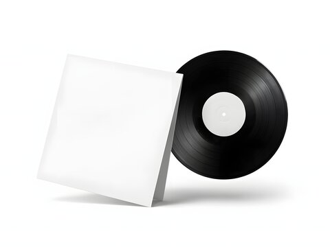 Vinyl record sleeve and black vinyl disc on white background for music branding