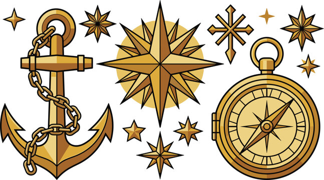 Vintage nautical vector illustration set featuring golden ship anchor with chain pocket compass wind rose and sparkling navigation star elements,